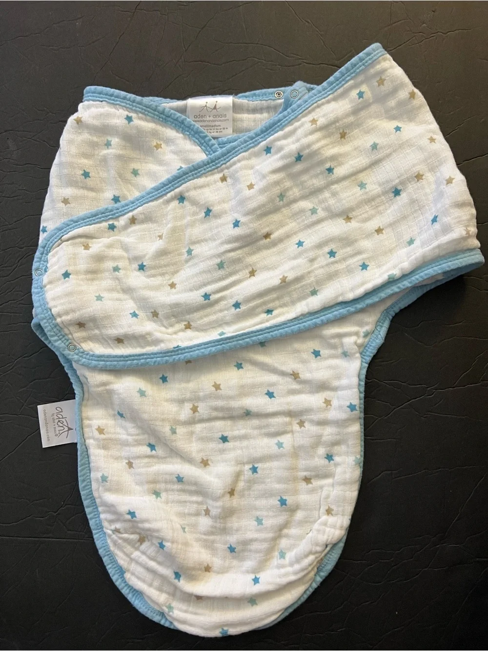 aden + anais White Muslin Sleep Sack with Blue and Tan Stars